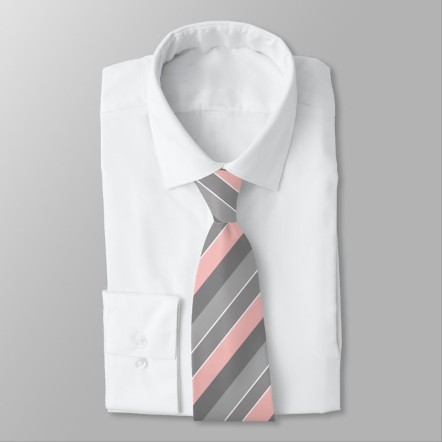 Gray and Coral Pink Striped Neck Tie (Tied)