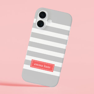 Gray and Coral Preppy Stripes Monogram iPhone 16 Case