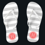 Gray and Coral Preppy Stripes Monogram Flip Flops<br><div class="desc">Custom printed flip flop sandals with a preppy nautical stripe pattern and your custom monogram or other text in a circle frame. Click Customize It to change text fonts and colors or add your own images to create a unique one of a kind design!</div>