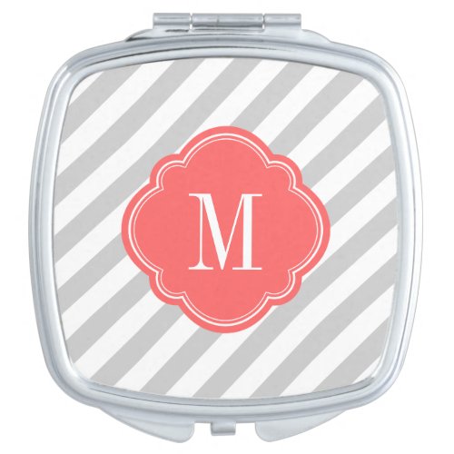 Gray and Coral Preppy Stripes Monogram Makeup Mirror