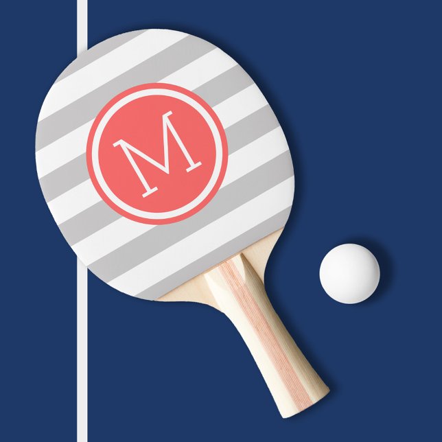 Gray and Coral Preppy Stripes Monogram Ping Pong Paddle (Creator Uploaded)