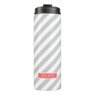 Gray and Coral Preppy Stripes Monogram Thermal Tumbler