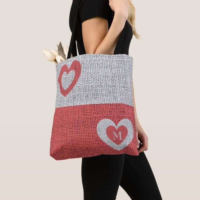 Gray And Coral Red Hearts Tote Bag (Close Up)