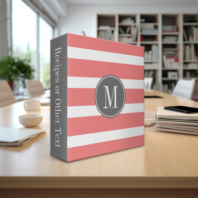 Gray and Coral Striped Pattern with Monogram Binder (Custom Monogram Binder)