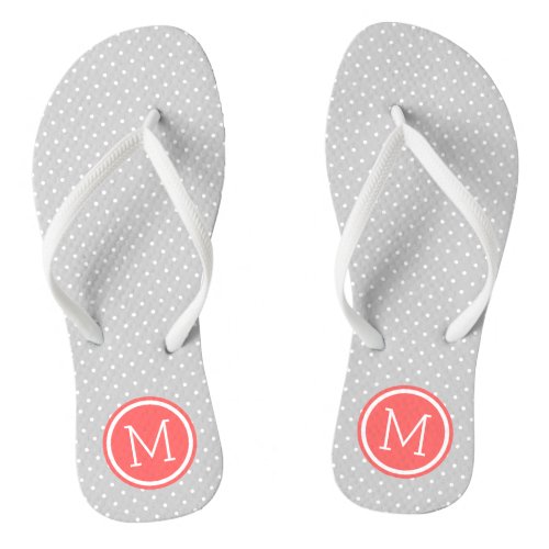 Gray and Coral Tiny Dots Monogram Flip Flops