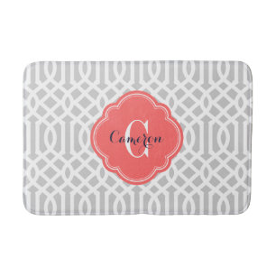 Gray and Coral Trellis Monogram Bath Mat