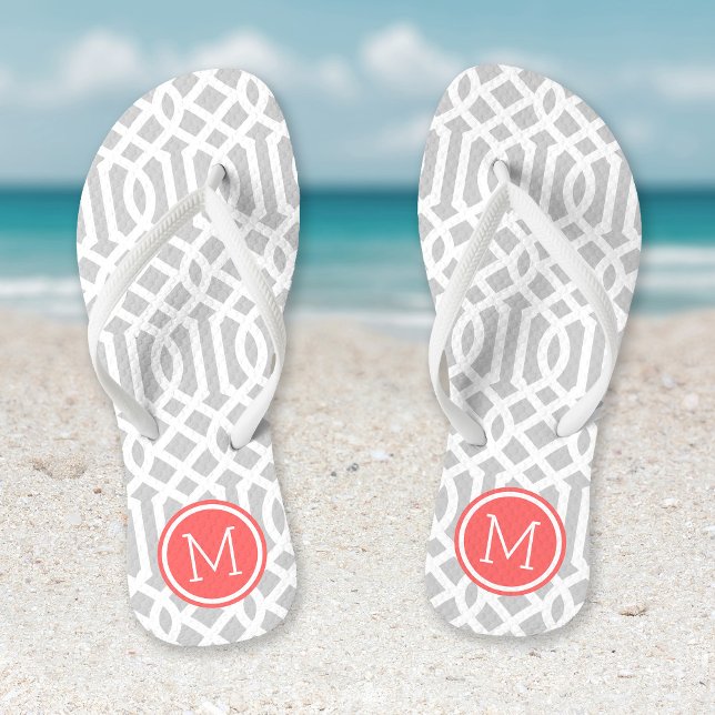 Gray and Coral Trellis Monogram Flip Flops (Creator Uploaded)