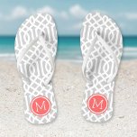 Gray and Coral Trellis Monogram Flip Flops<br><div class="desc">Custom printed flip flop sandals with a stylish modern trellis pattern and your custom monogram or other text in a circle frame. Click Customize It to change text fonts and colors or add your own images to create a unique one of a kind design!</div>