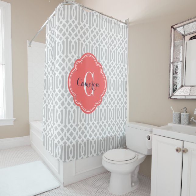 Gray and Coral Trellis Monogram Shower Curtain (In Situ)