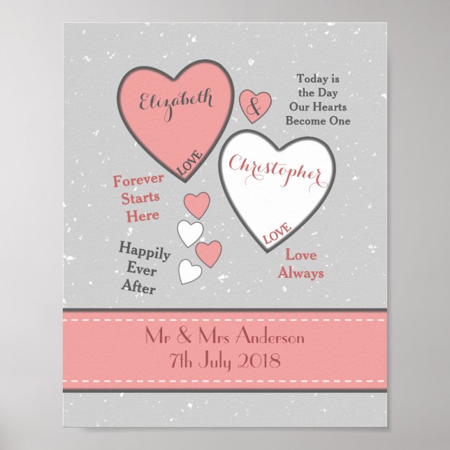 Gray and coral with hearts Wedding Poster (Front)