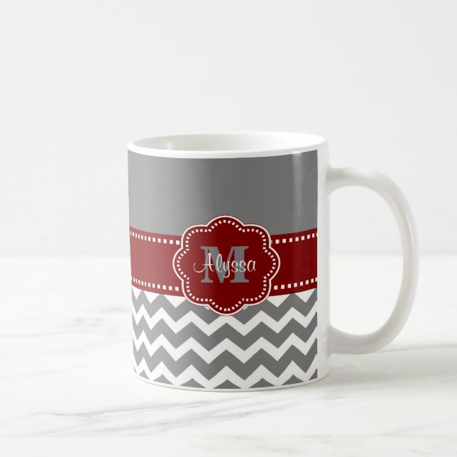 Gray and Dark Red Chevron Personalized Mug (Right)