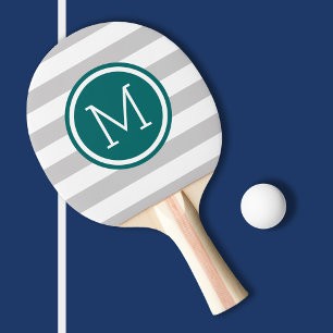 Gray and Dark Teal Preppy Stripes Monogram Ping-Pong Paddle