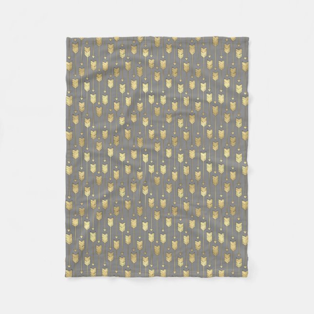 Gray and Faux Gold Arrows Pattern Fleece Blanket (Front)