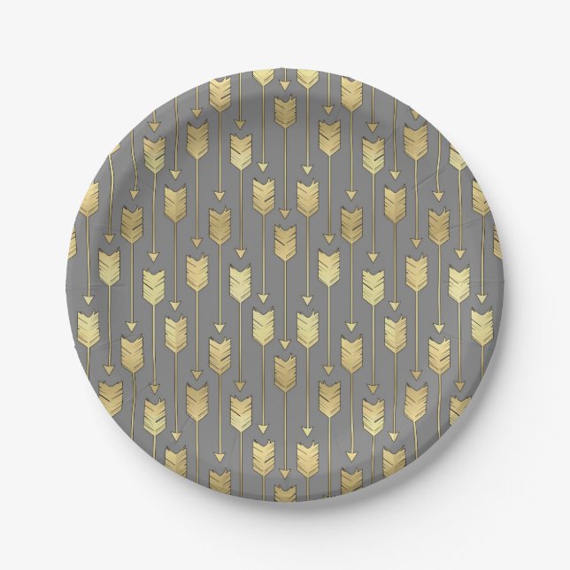 Gray and Faux Gold Arrows Pattern Paper Plates (Front)