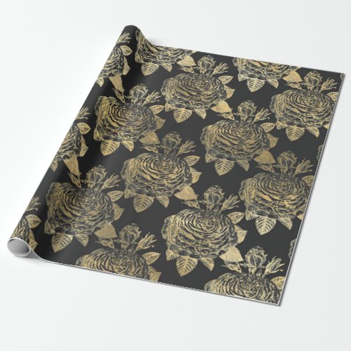 Gray and Faux Gold Vintage Roses Wrapping Paper