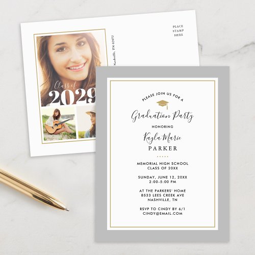 Gray and Gold 3 Photo Graduation Party Invitation