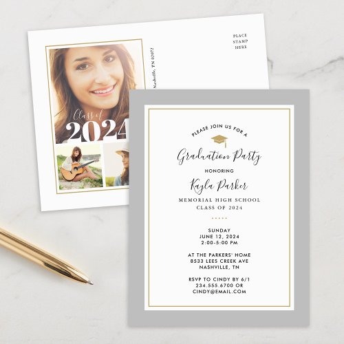 Gray and Gold 3 Photo Graduation Party Invitation