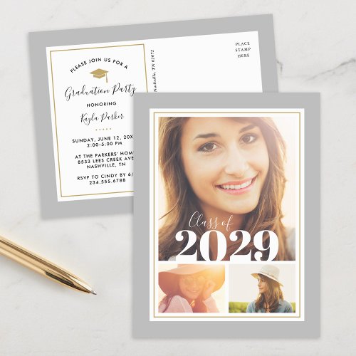 Gray and Gold 3 Photo Graduation Party Invitation