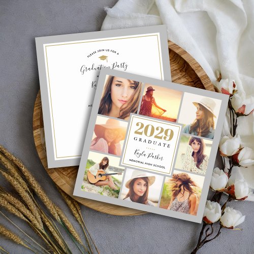 Gray and Gold  8 Photo Square Graduation Party Announcement
