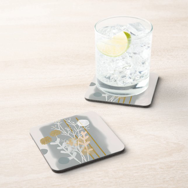 Gray and gold abstract botanical minimalist art  beverage coaster (Right Side)