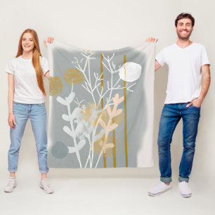 Gray and gold abstract botanical minimalist art fleece blanket