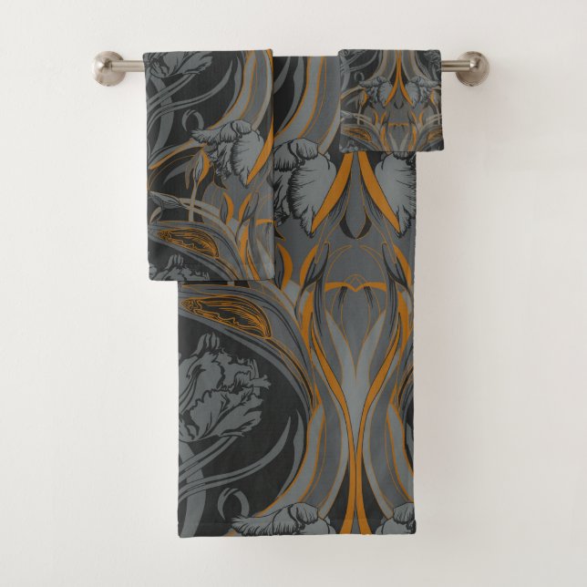 Gray and Gold Art Nouveau Bath Towel Set (Insitu)