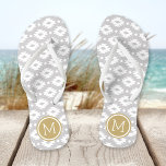 Gray and Gold Aztec Monogram Flip Flops<br><div class="desc">Custom printed flip flop sandals with a geometric Aztec pattern and your custom monogram or other text in a circle frame. Click Customize It to change text fonts and colors or add your own images to create a unique one of a kind design!</div>