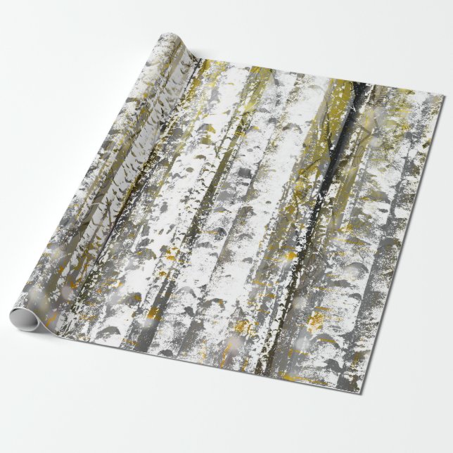 Gray and Gold Birch Trees Wrapping Paper (Unrolled)