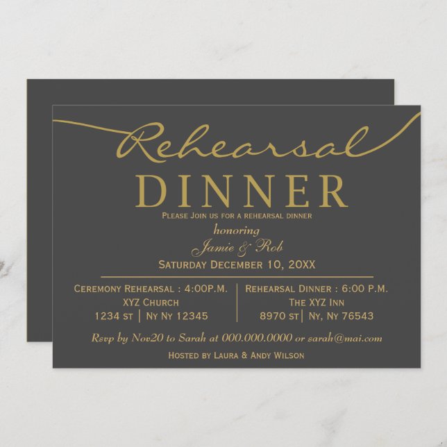 gray and gold Elegant Script Rehearsal Dinner Invitation (Front/Back)