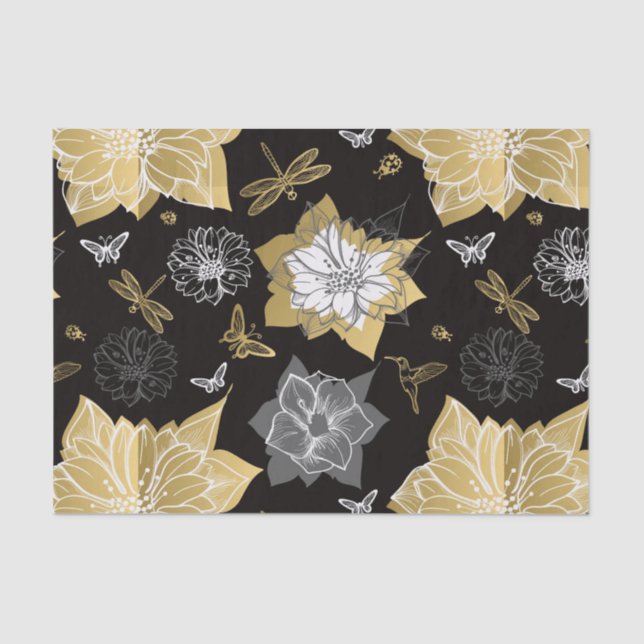 Gray And Gold Flowers Tissue Paper (Front)