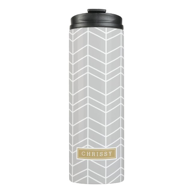 Gray and Gold Herringbone Monogram Thermal Tumbler (Front)