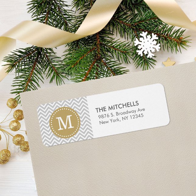 Gray and Gold Modern Chevron Custom Monogram Label (Creator Uploaded)