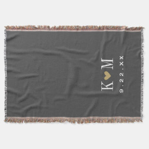 Gray and Gold Modern Wedding Monogram Throw Blanket
