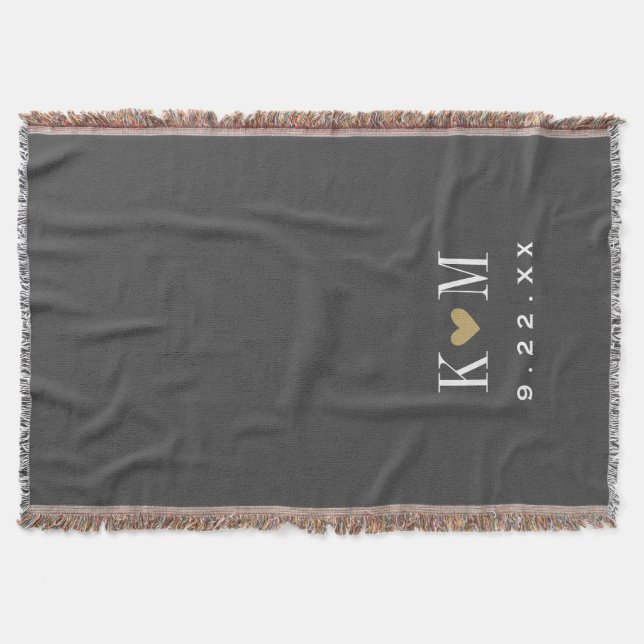 Gray and Gold Modern Wedding Monogram Throw Blanket (Front)