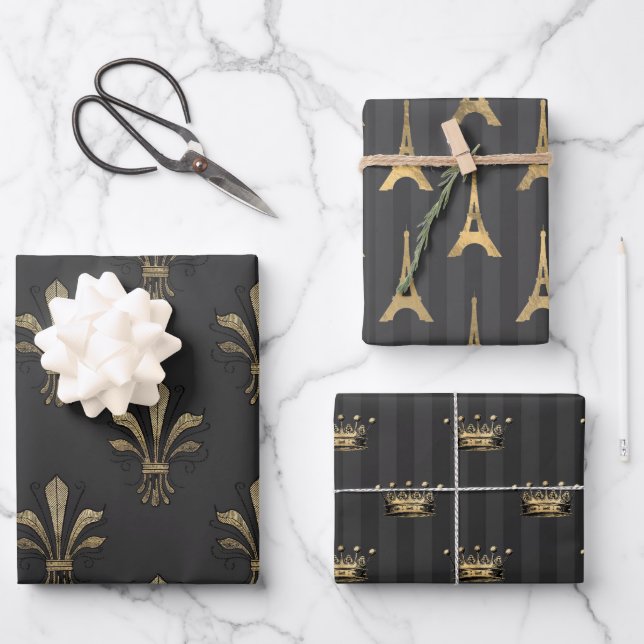 Gray and Gold Paris themed Wrapping Paper Sheets (Front)