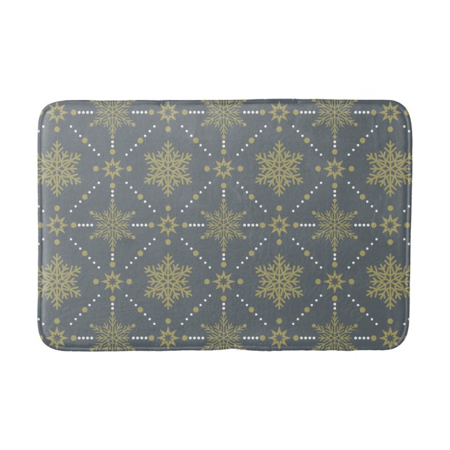 Gray and Gold Snowflakes Christmas Pattern Bathroom Mat (Front)