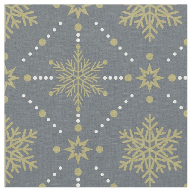 Gray and Gold Snowflakes Christmas Pattern Fabric (Close Up)