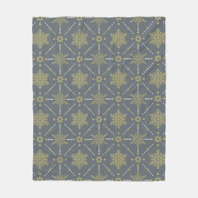 Gray and Gold Snowflakes Christmas Pattern Fleece Blanket (Front)