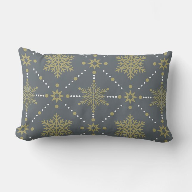 Gray and Gold Snowflakes Christmas Pattern Lumbar Pillow (Front)