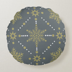 Gray and Gold Snowflakes Christmas Pattern Round Pillow