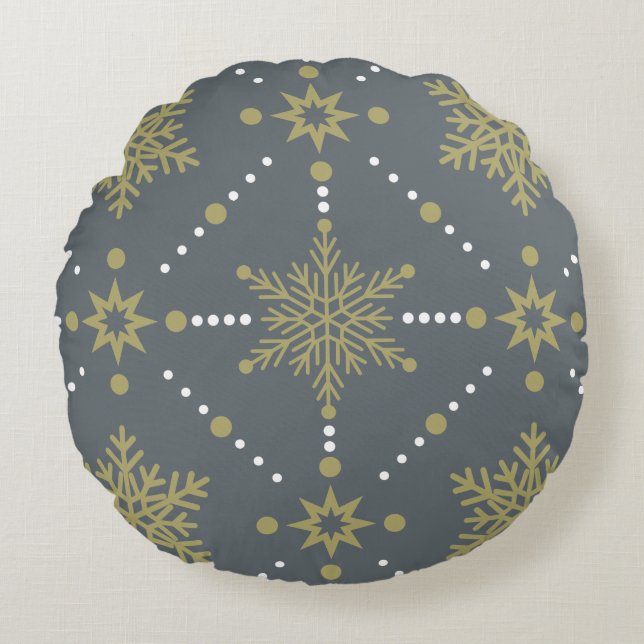 Gray and Gold Snowflakes Christmas Pattern Round Pillow (Front)