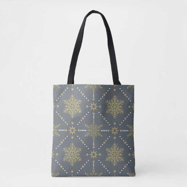 Gray and Gold Snowflakes Christmas Pattern Tote Bag (Front)