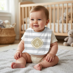 Gray and Gold Stripes Monogram Editable Colors Baby Bib