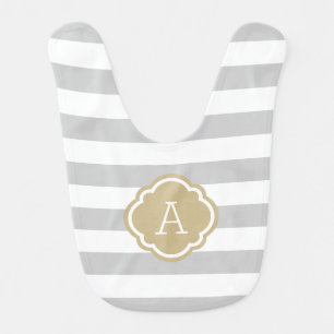 Gray and Gold Stripes Monogram Editable Colors Baby Bib