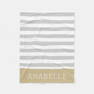 Gray and Gold Stripes Monogram Editable Colors Fleece Blanket