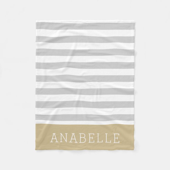 Gray and Gold Stripes Monogram | Editable Colors Fleece Blanket (Front)
