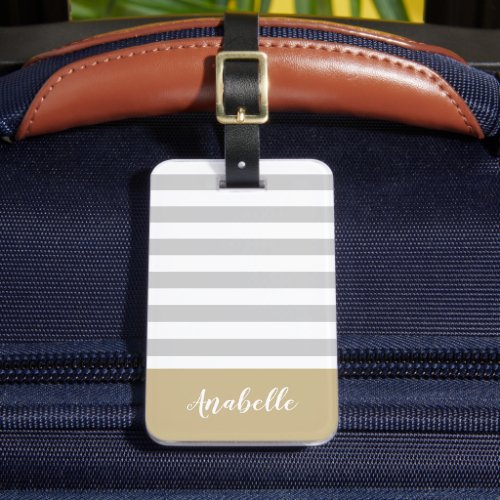 Gray and Gold Stripes Monogram  Editable Colors Luggage Tag