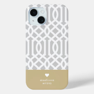 Gray and Gold Trellis Heart Monogram iPhone 15 Case