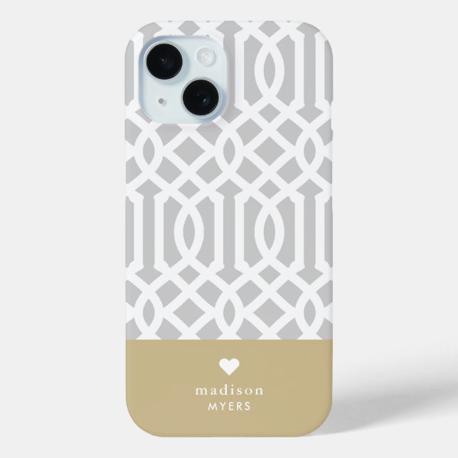 Gray and Gold Trellis Heart Monogram Case-Mate iPhone Case (Back)