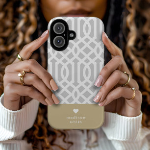 Gray and Gold Trellis Heart Monogram iPhone 16 Case